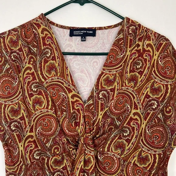 Jones New York paisley shortsleeve blouse brown, red, gold S - Picture 3 of 8